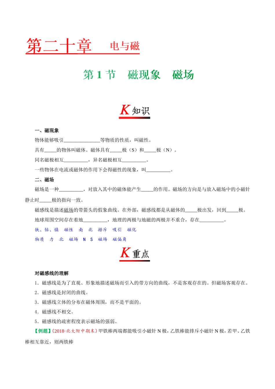 专题20.1 磁现象磁场--九年级物理人教版.doc_第1页