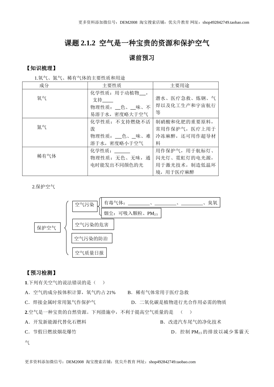 课题2.1.2空气是一种宝贵的资源和保护空气-九年级化学上册同步分层作业（人教版）.doc_第1页