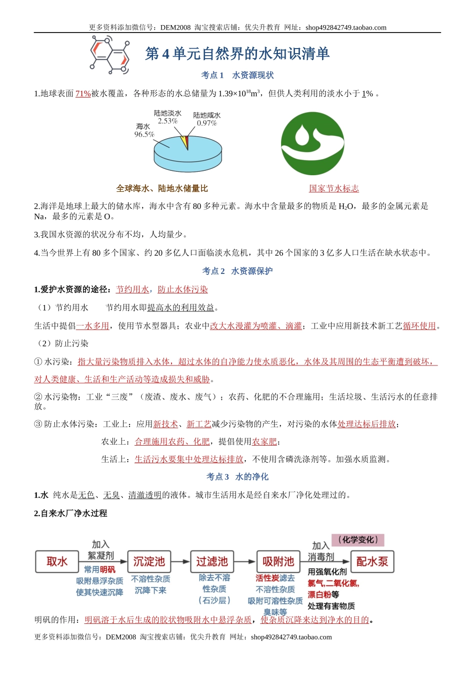 第四单元自然界的水-九年级化学上册单元复习知识清单.docx_第1页
