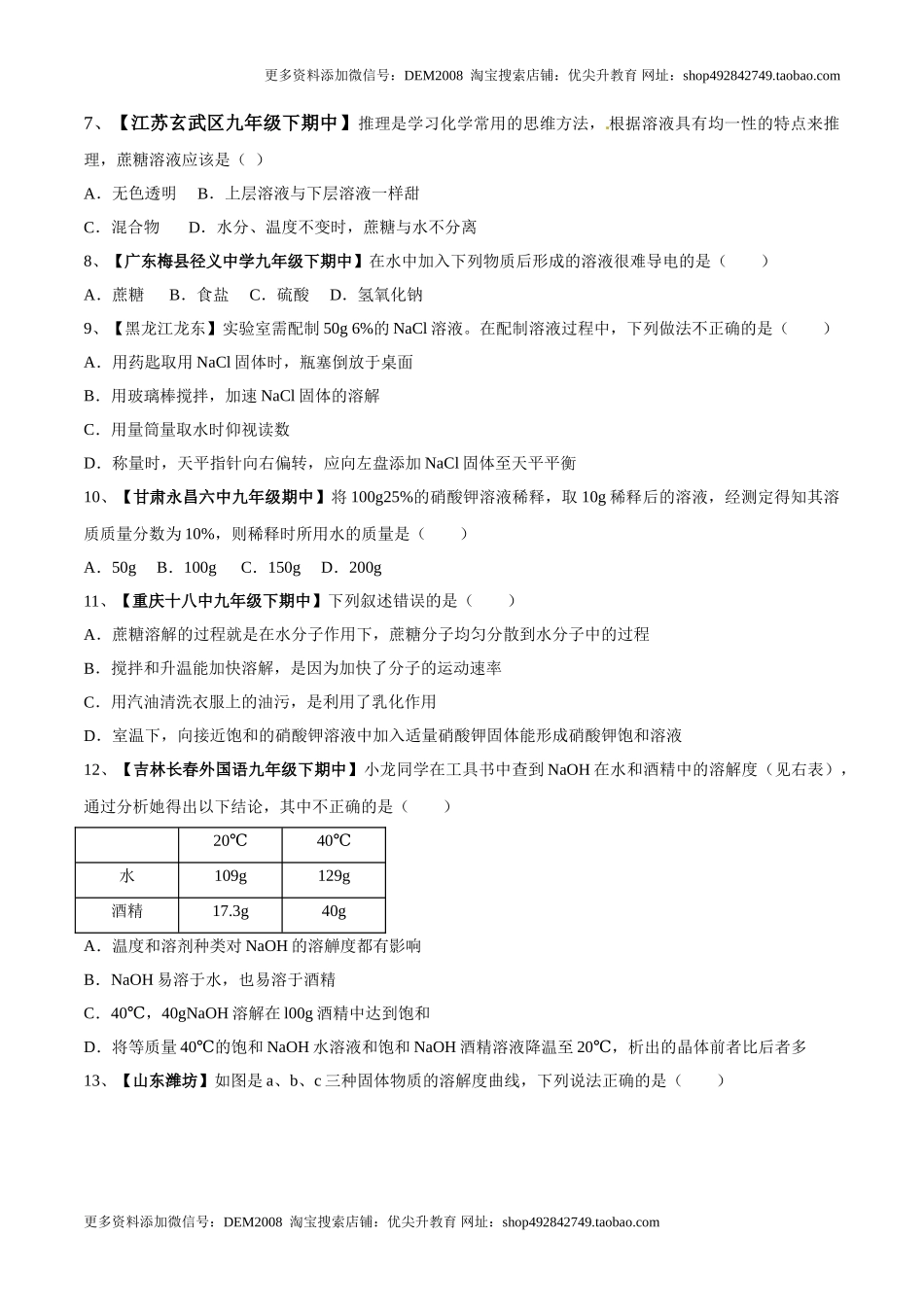 第九单元 溶液单元测试卷（A卷基础篇）（原卷版）.doc_第2页