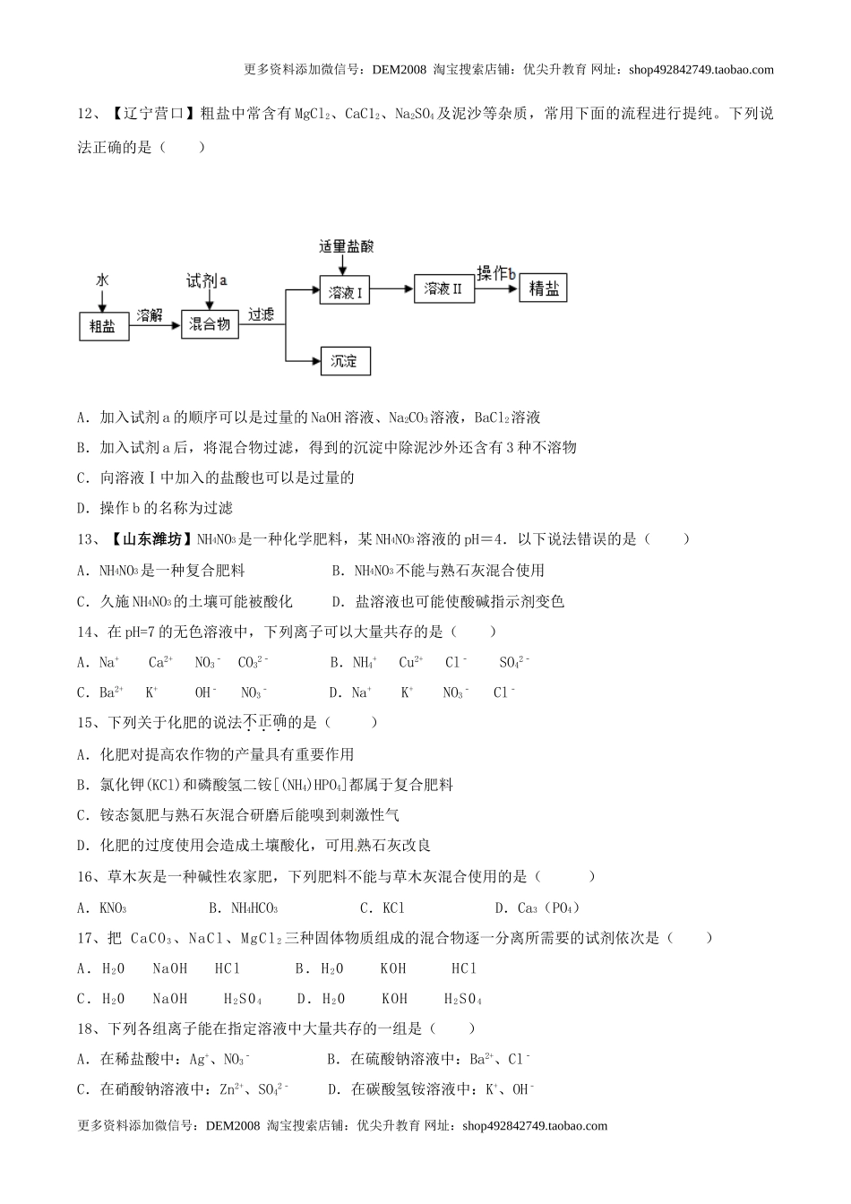 第十一单元 盐 化肥单元测试卷（B卷提升篇）（原卷版）.doc_第2页