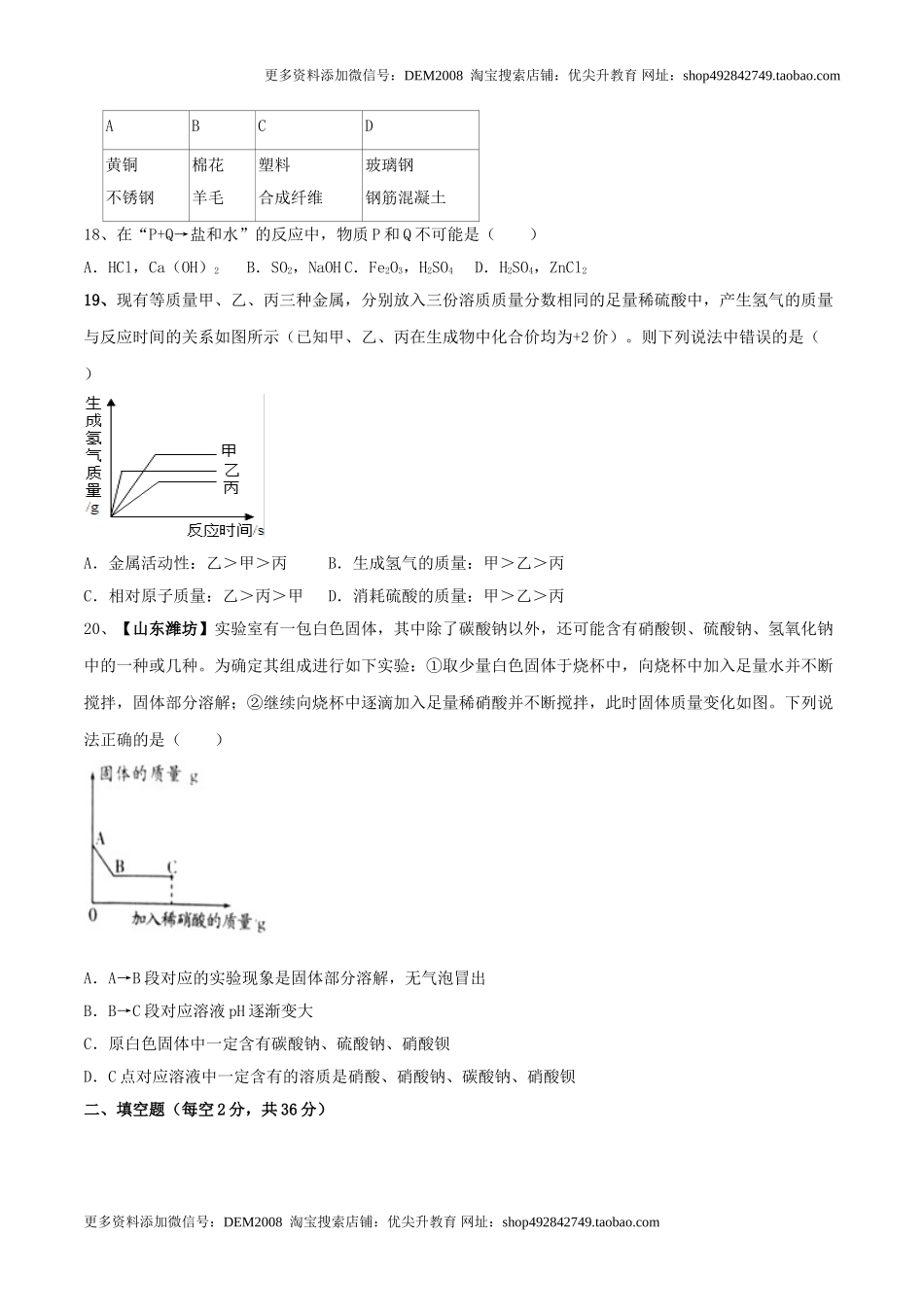 化学九年级下全册综合检测（一）（原卷版）.doc_第3页