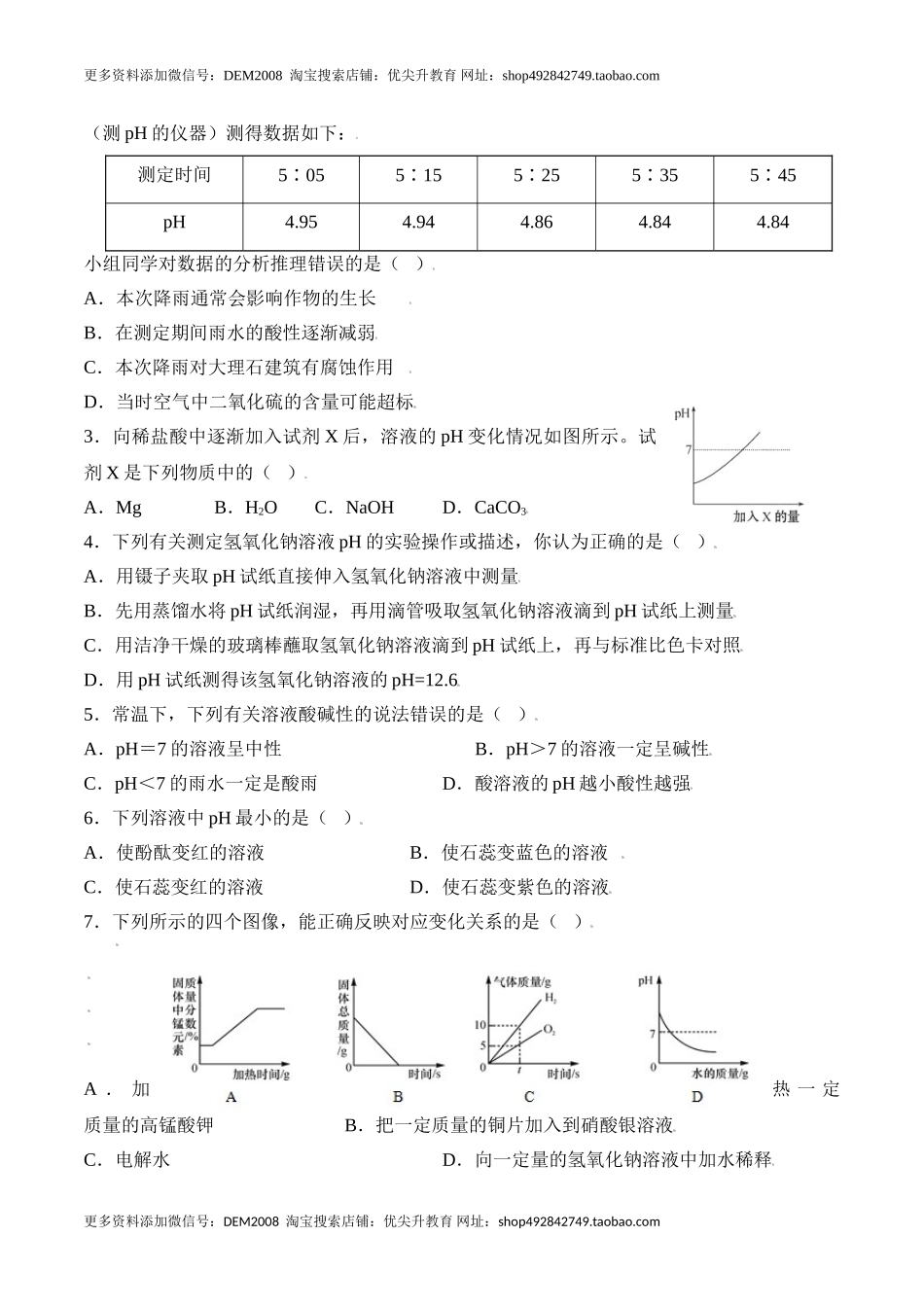 课题10.2.2 溶液酸碱度的表示方法--pH-九年级化学下册同步分层作业（人教版）.doc_第2页