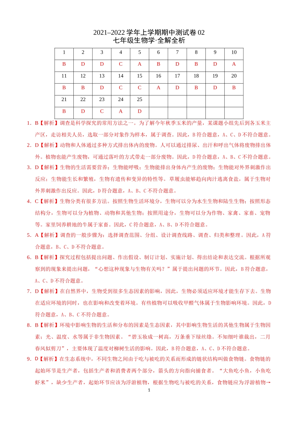 学易金卷：2021-2022学年七年级生物上学期期中测试卷（人教版）02（全解全析）.doc_第1页