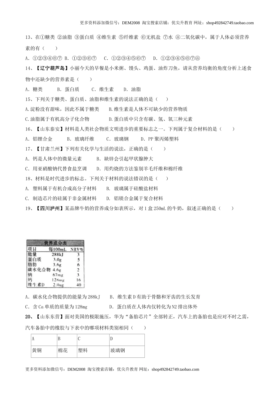 第十二单元 化学与生活单元测试卷（B卷提升篇）（原卷版）.doc_第2页