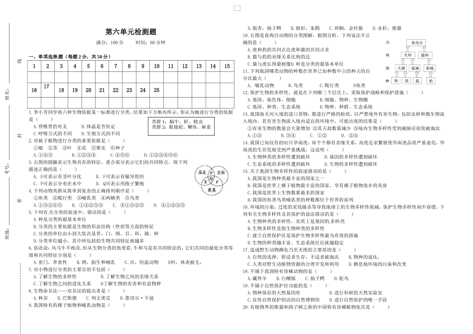 人教版八年级生物上册第六单元检测题1.doc_第1页