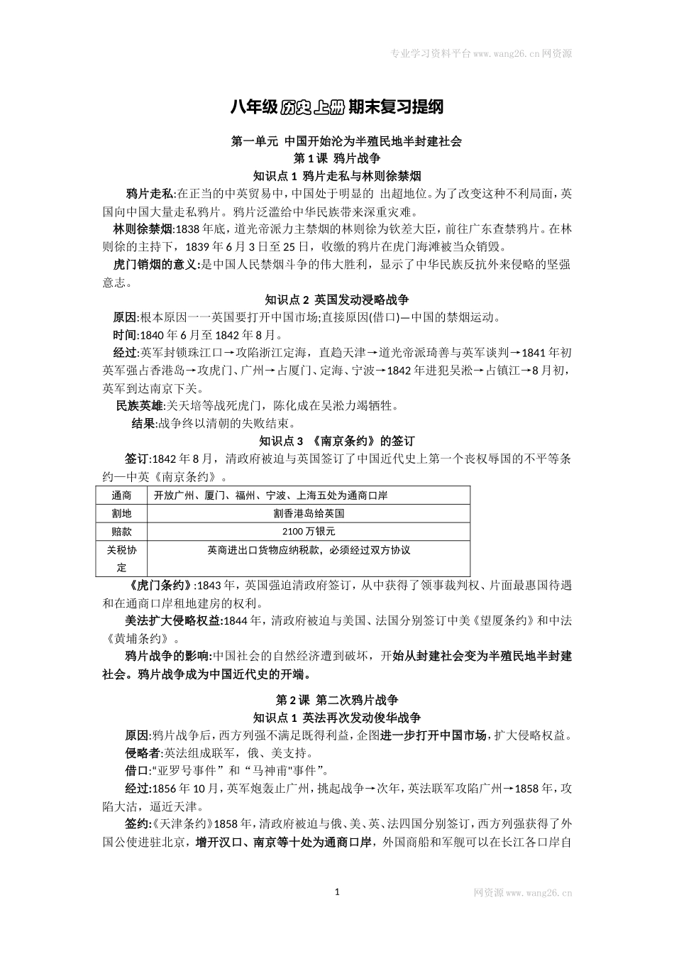 人教部编版历史八年级上册-复习提纲.doc_第1页