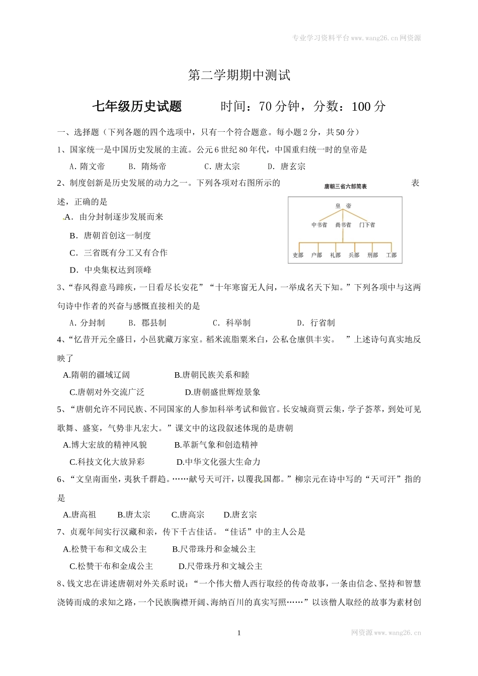 山东省临清市七年级下学期期中考试历史试题(1).doc_第1页