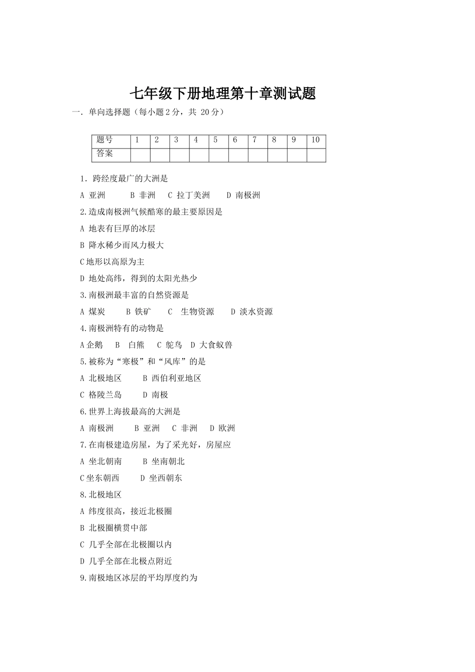 七年级下册地理第10章测试题.doc_第1页