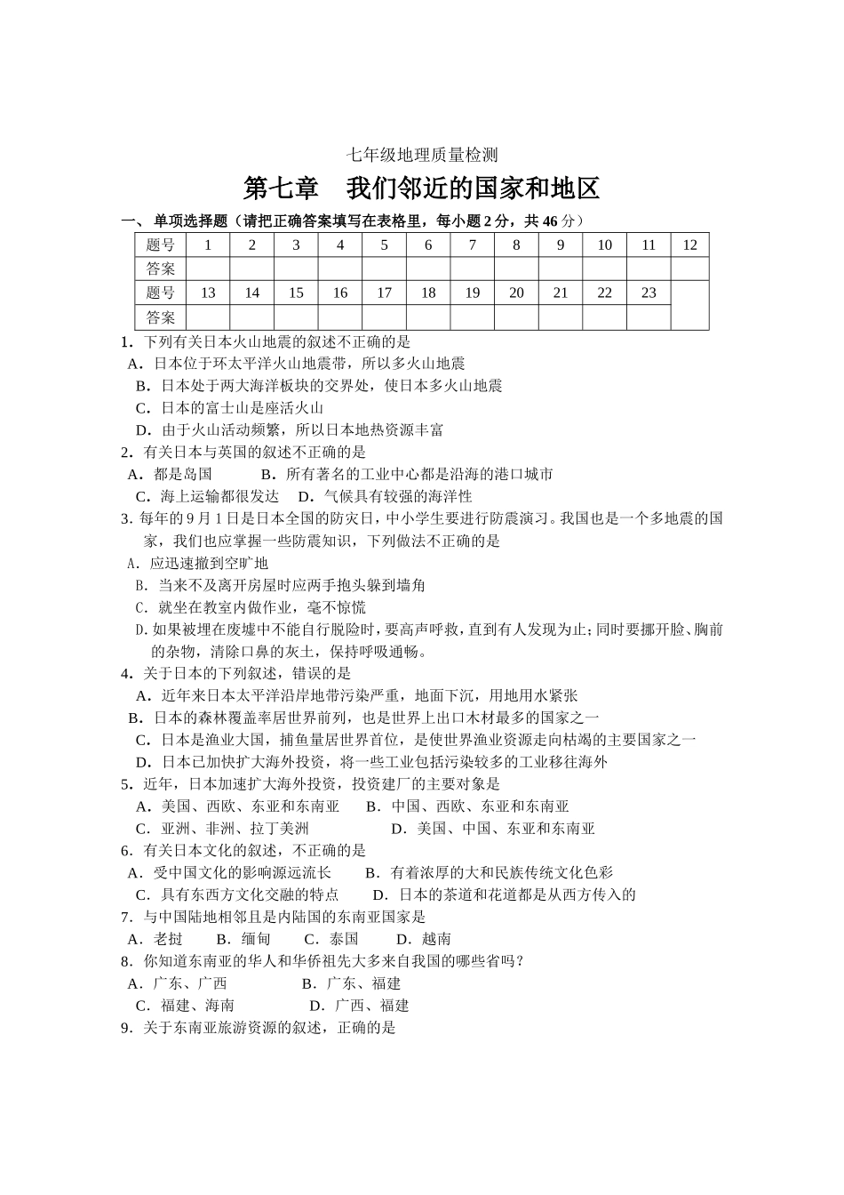 七年级地理质量检测七年级下册第7章1.doc_第1页