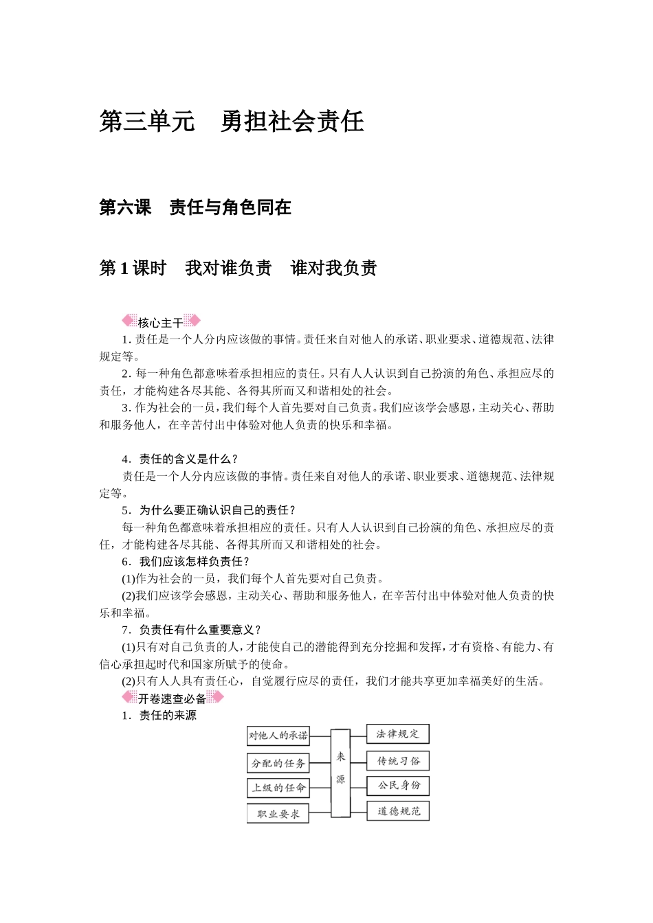 人教部编八年级道德与法治上册抢分速记第6课　责任与角色同在.doc_第1页