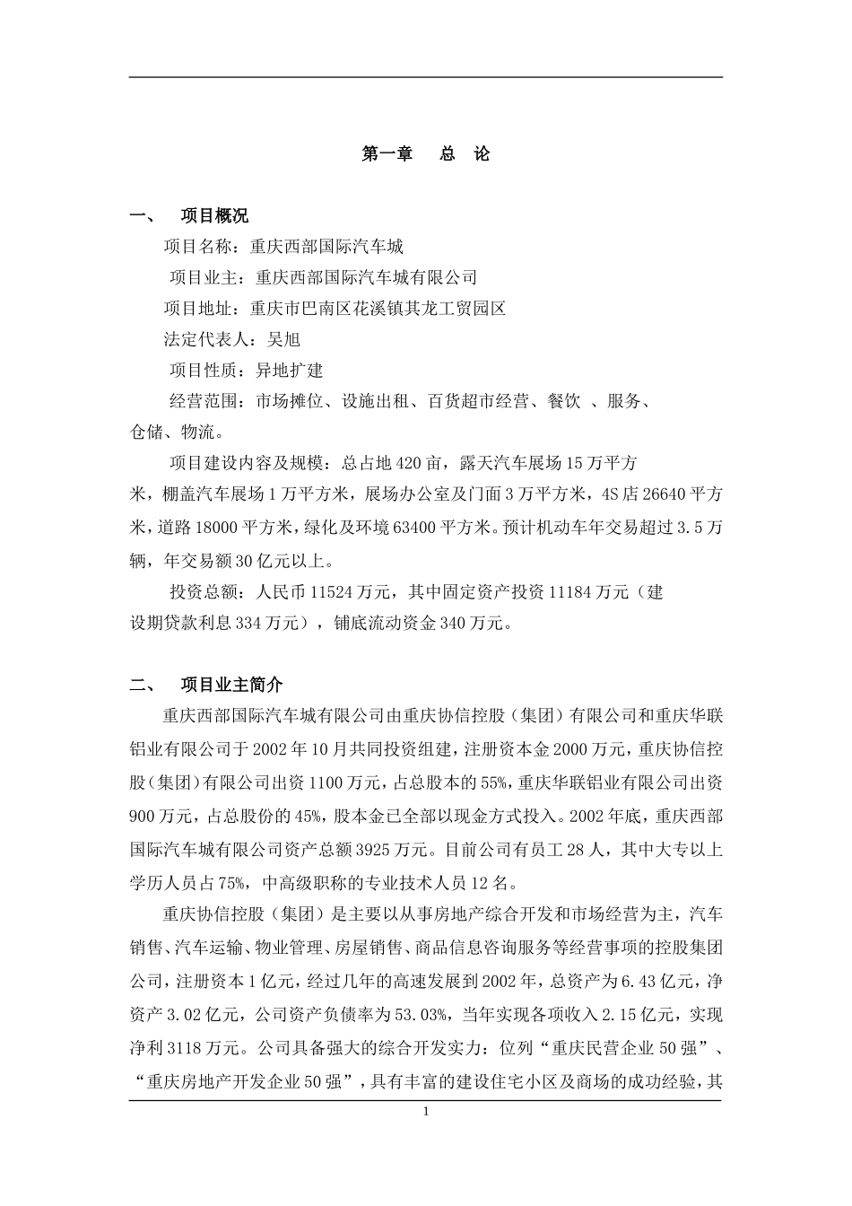 重庆西部国际汽车城项目可行性研究报告.doc_第1页