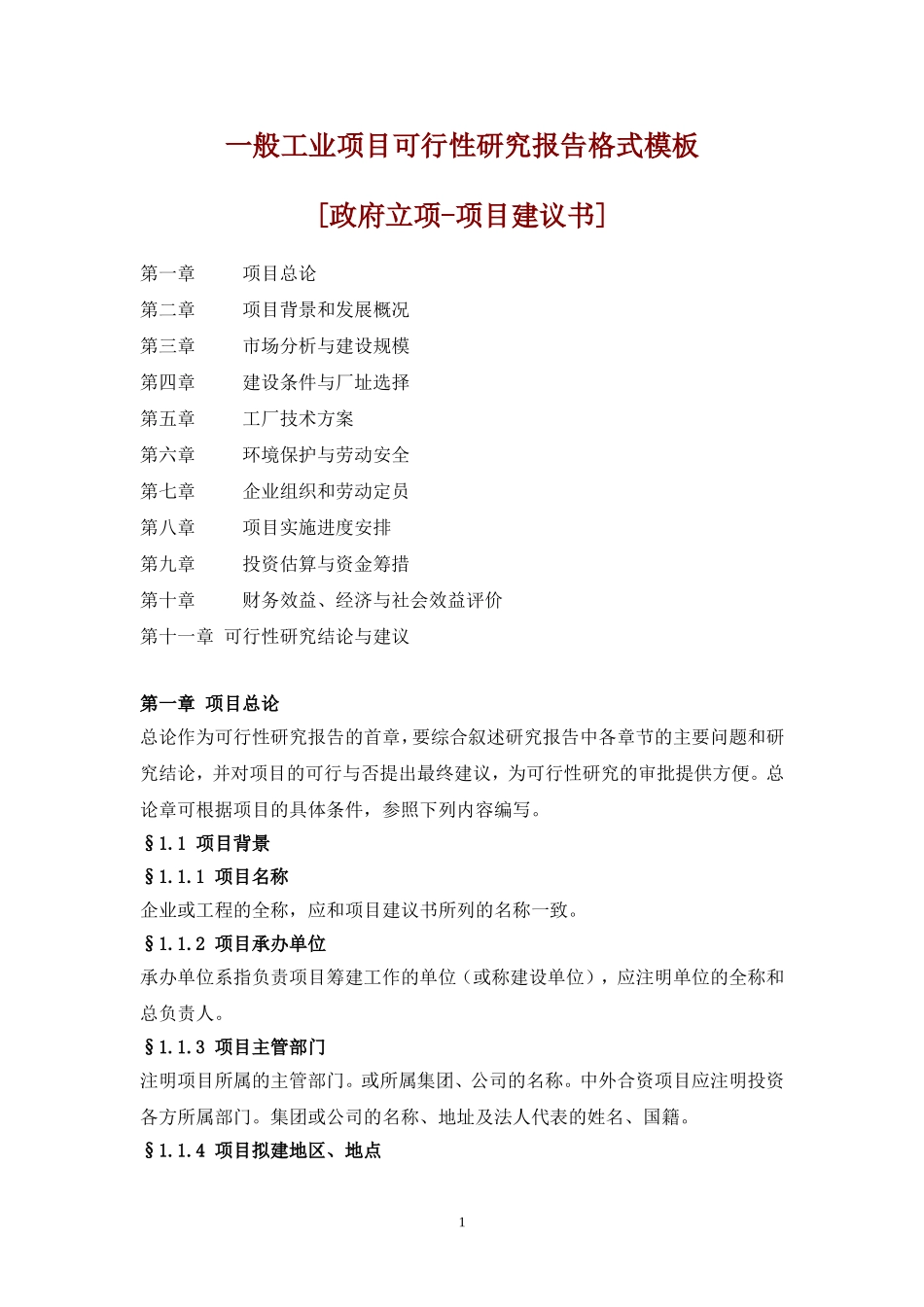 一般工业项目可行性研究报告格式模板.doc_第1页