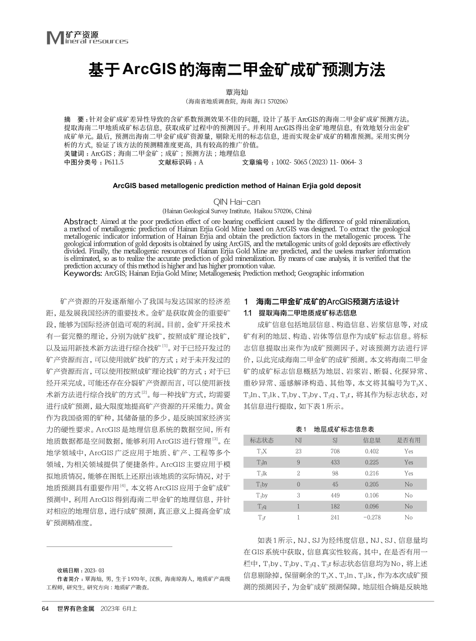 基于ArcGIS 的海南二甲金矿成矿预测方法.pdf_第1页