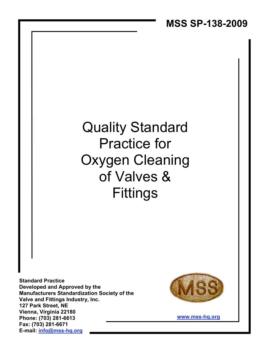 [www.staffempire.com]-MSS SP-138-2009 Quality Standard Practice for Oxygen Cleaning of Valves & Fittings.pdf_第1页