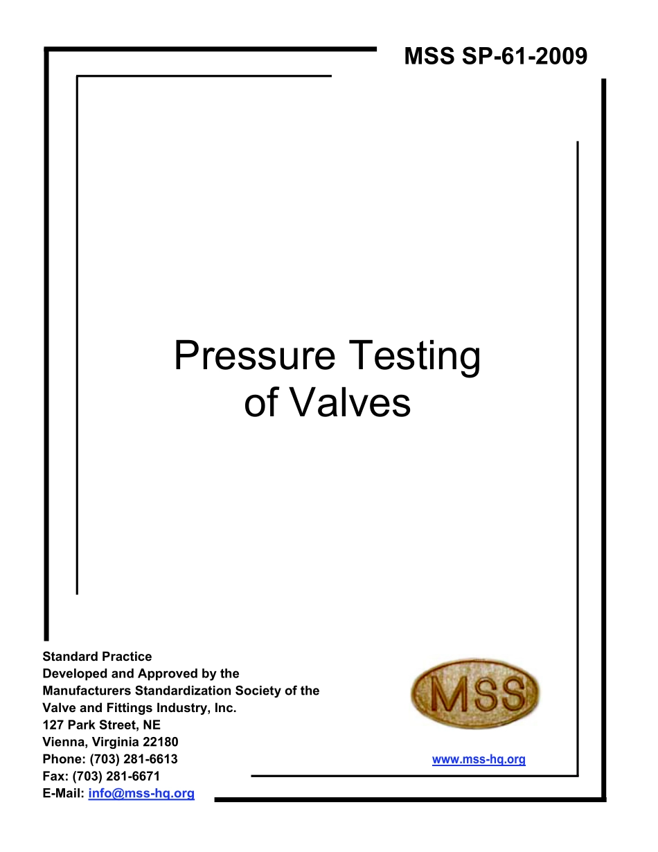 [www.staffempire.com]-MSS SP-61-2009 阀门压力试验(Pressure Testing of Valves).pdf_第1页