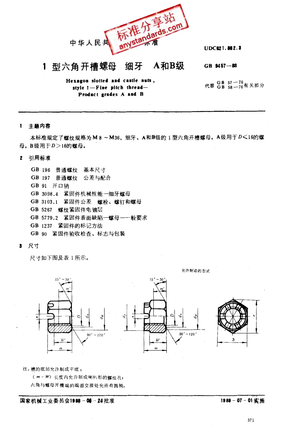 GB 9457-88 1型六角开槽螺母细牙A和B级.pdf_第1页