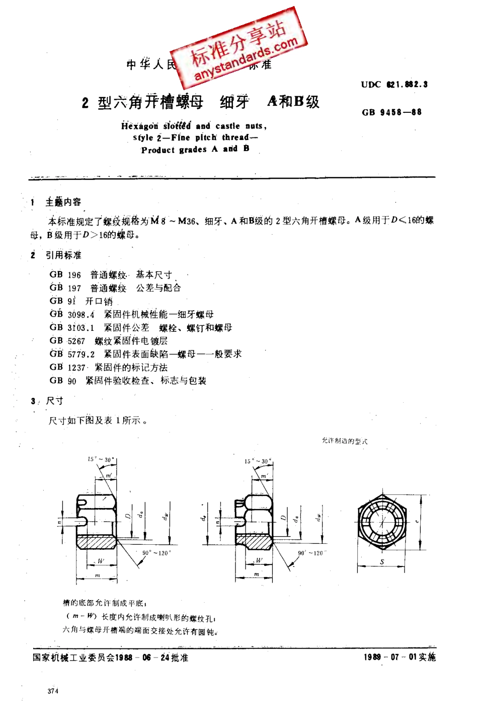 GB 9458-88 2型六角开槽螺母细牙A和B级.pdf_第1页