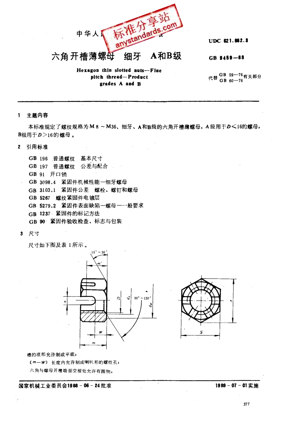 GB 9459-88六角开槽薄螺母 细牙 A和B级.pdf_第1页