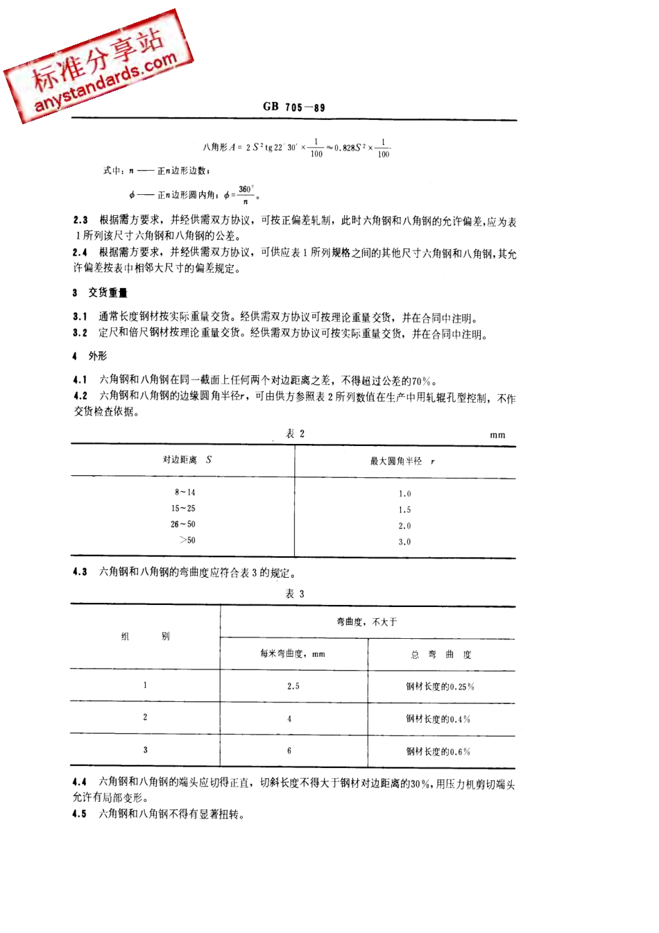 GB T 705-1989 热轧六角钢和八角钢尺寸外形重量及允许偏差.pdf_第3页