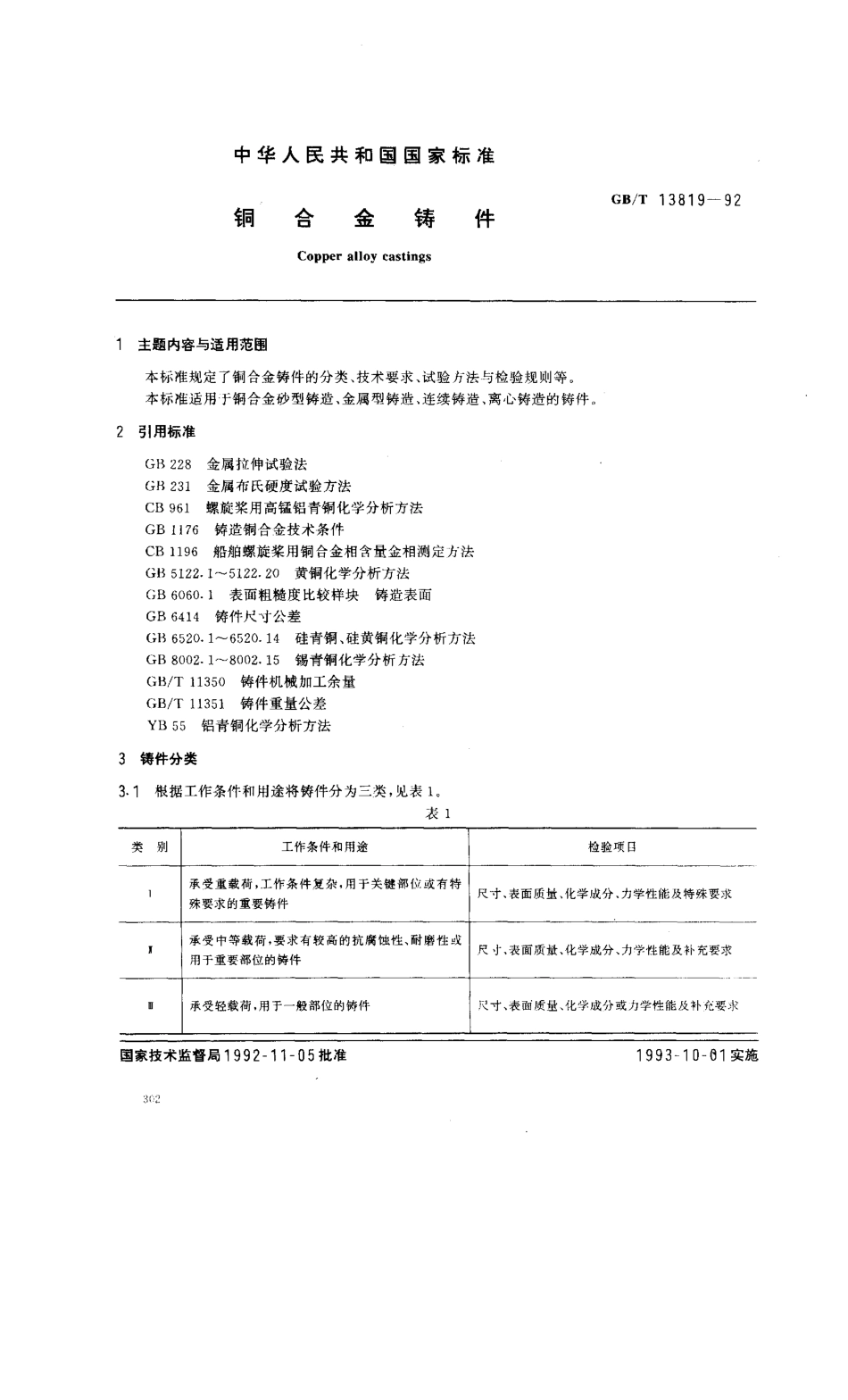 GBT 13819-1992 铜合金铸件.pdf_第1页