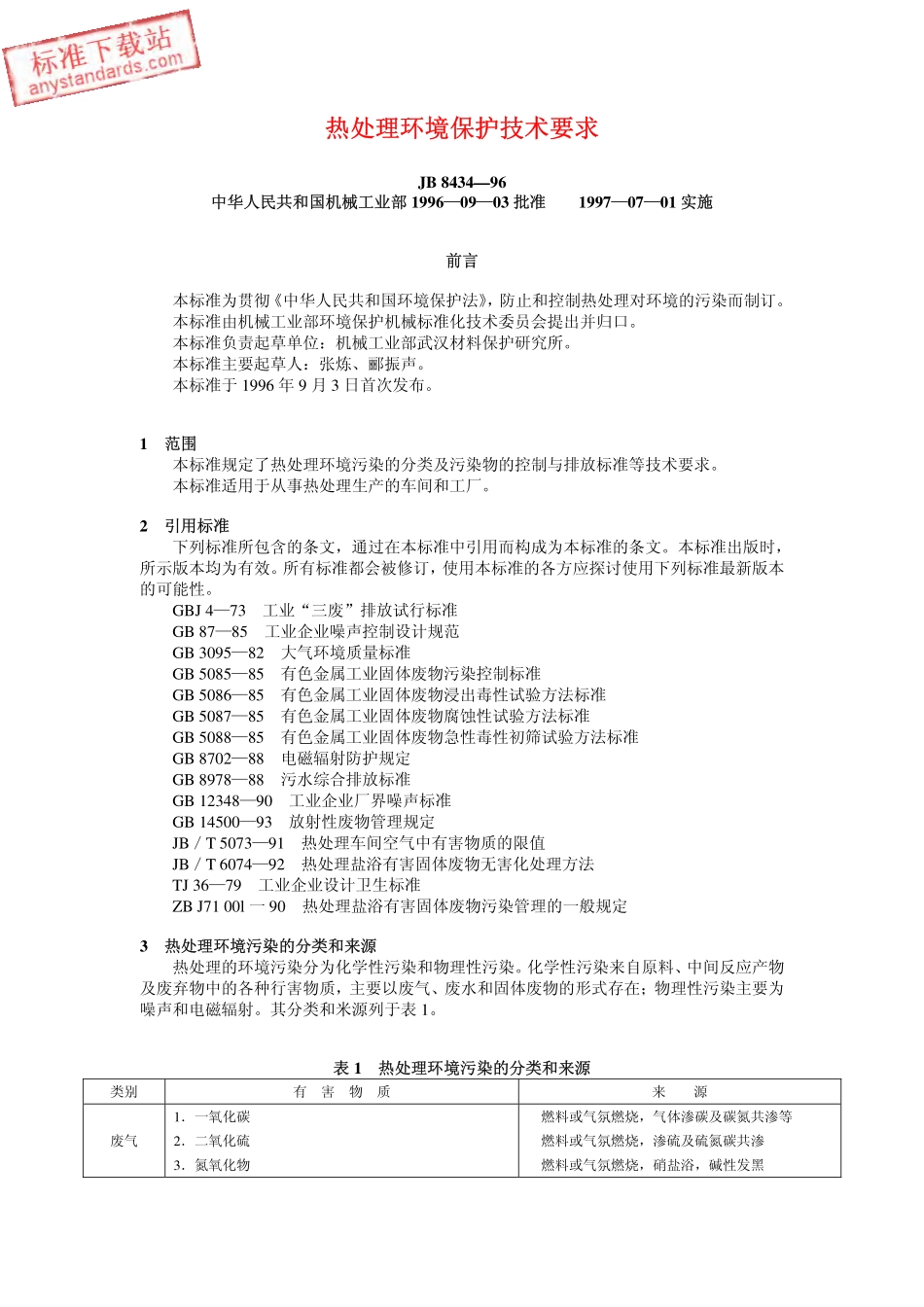 JB 8434-96 热处理环境保护技术要求.pdf_第1页