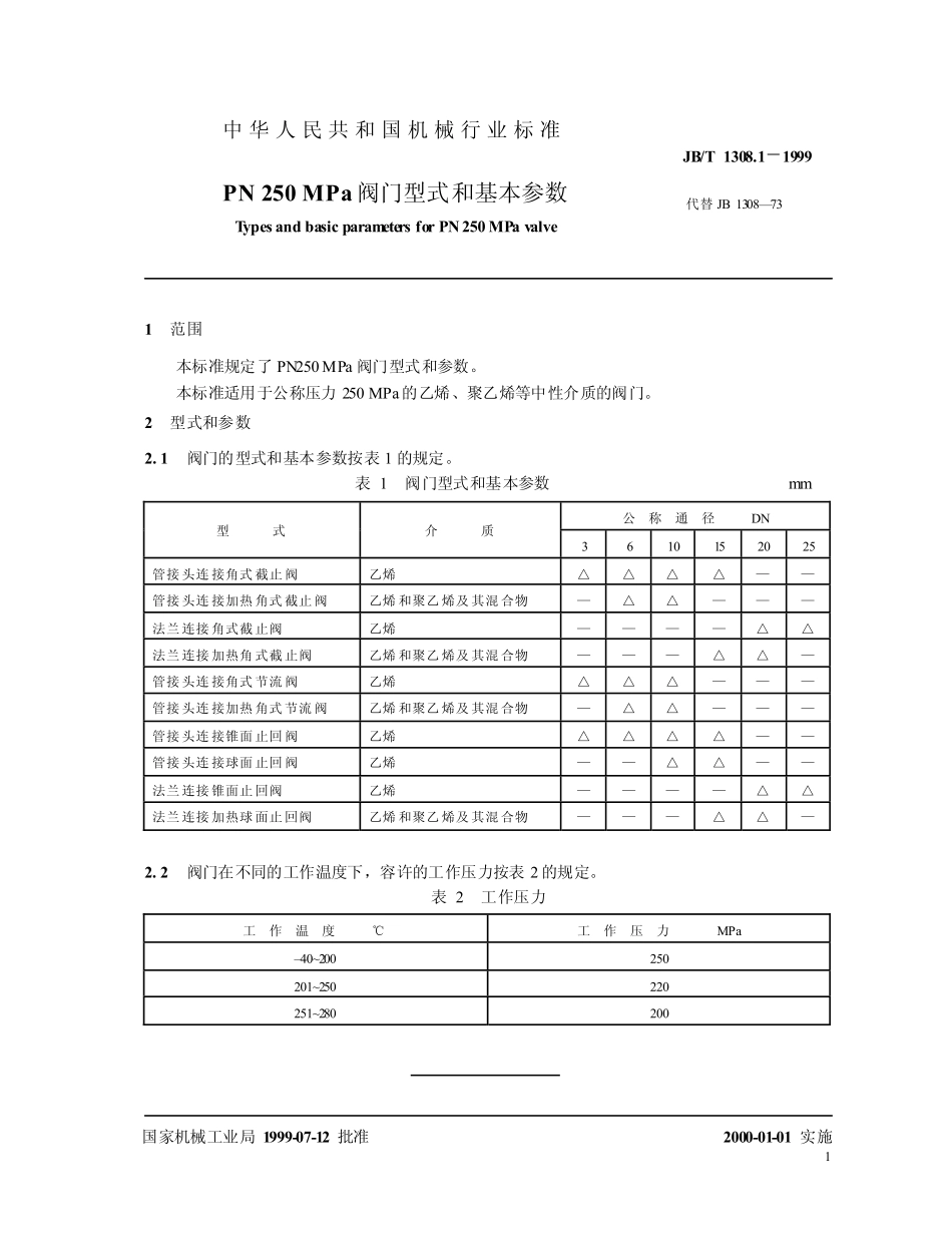 [www.staffempire.com]-JBT 1308.1-1999　 PN250a 阀门型式和基本参数　.pdf_第3页