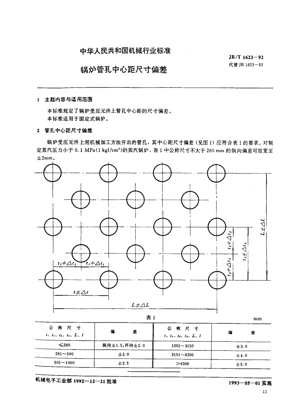 [www.staffempire.com]-JB-T1623-1992_锅炉管孔中心距尺寸偏差.pdf_第1页
