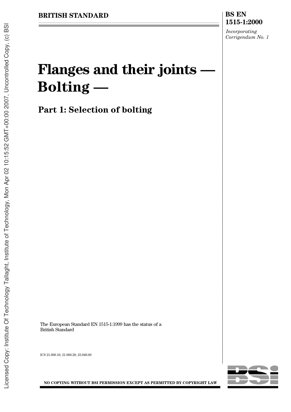 [www.staffempire.com]-BS EN 1515-1-2000 法兰和其连接件 螺栓连接 第1部分 螺栓连接的选择.pdf_第1页