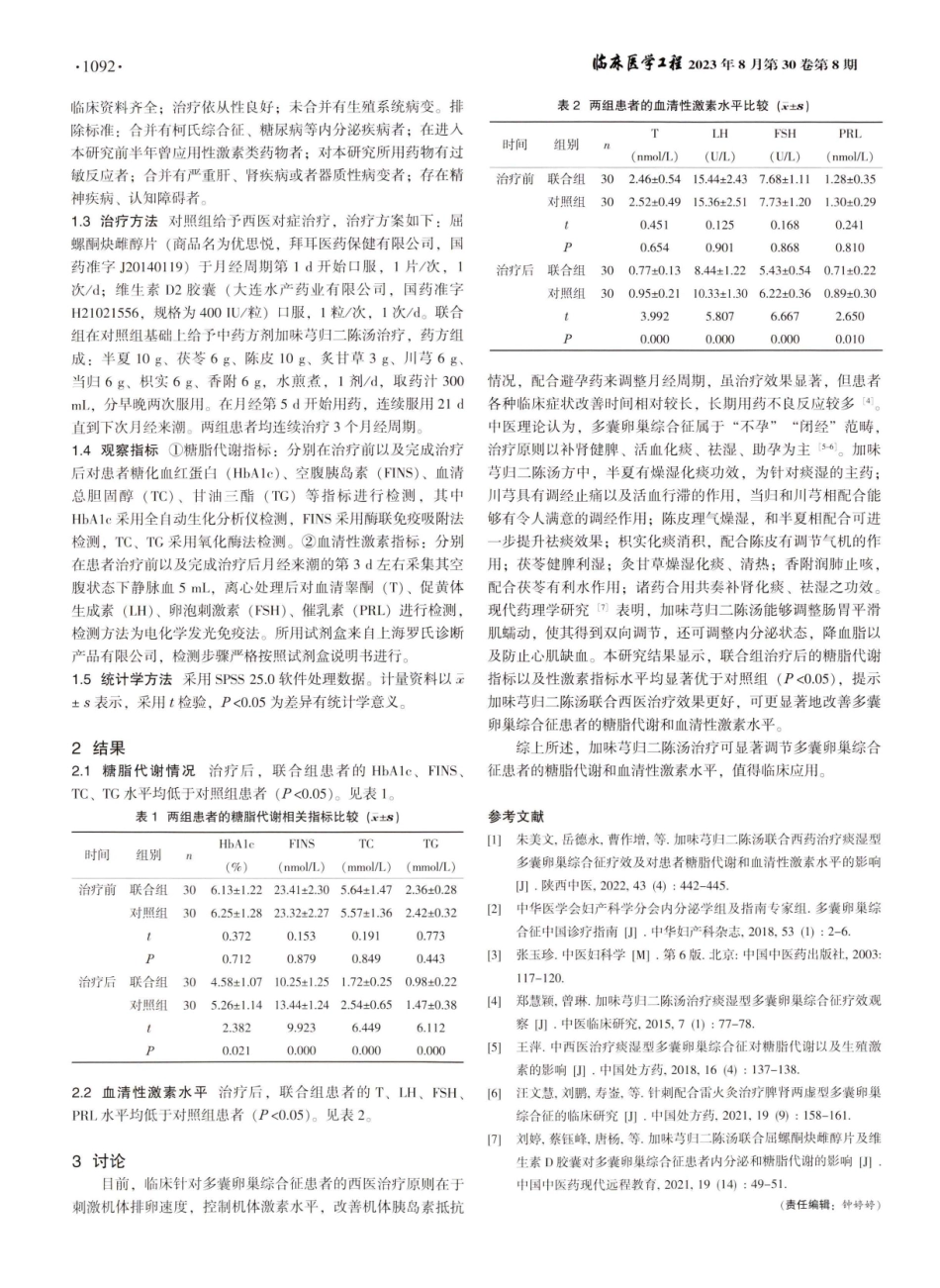加味芎归二陈汤治疗对多囊卵巢综合征患者糖脂代谢及血清性激素水平的影响.pdf_第2页