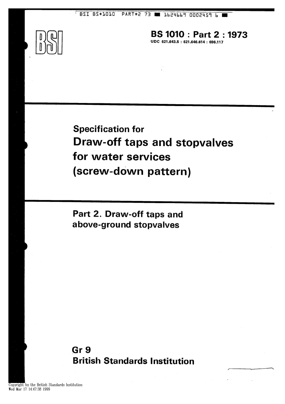 [www.staffempire.com]-BS 1010-2-1973 给排水设施用排放旋塞和截止(旋压式)阀规范.第2部分 排放旋塞和地面上用截止阀.pdf_第1页