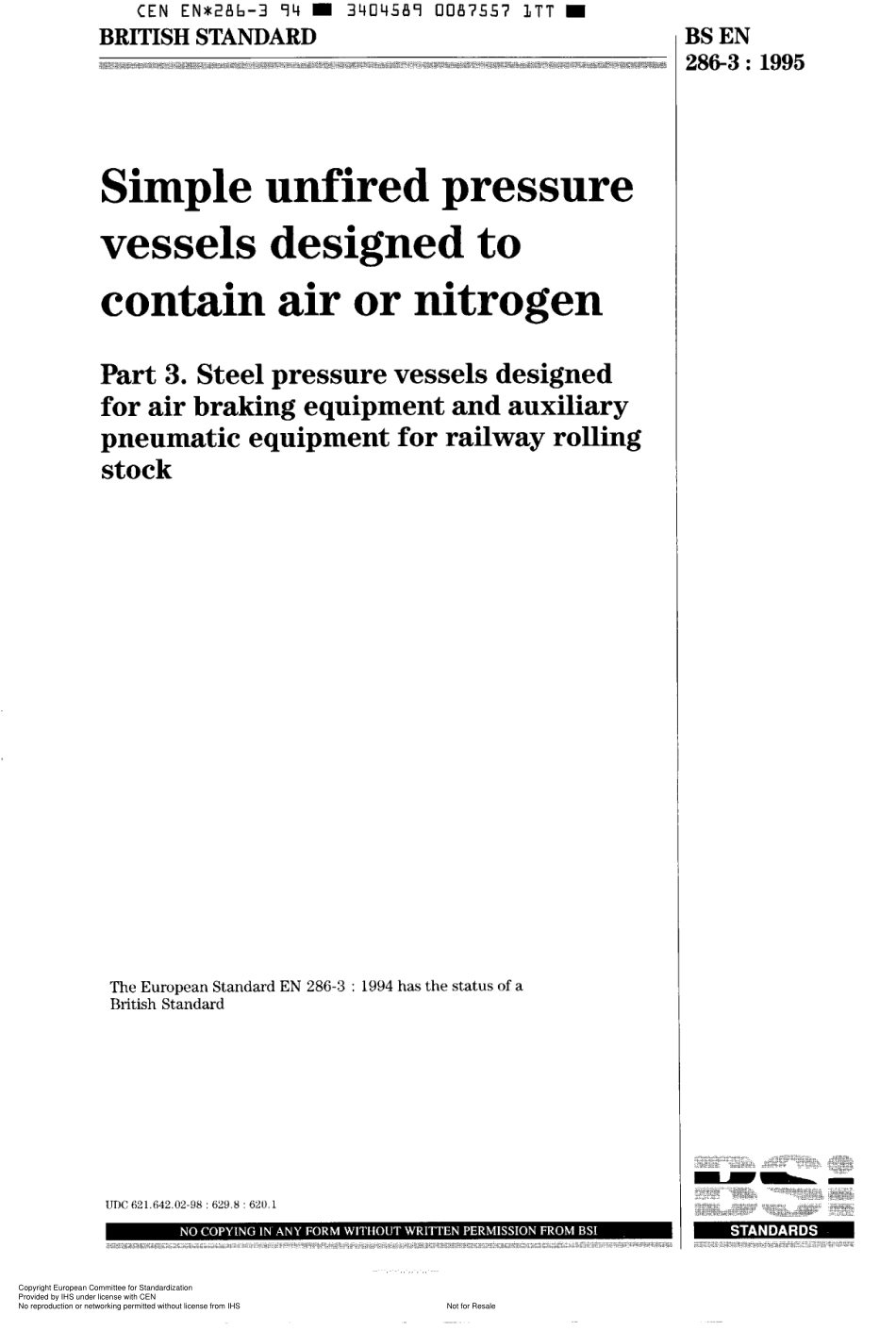 [www.staffempire.com]-BS EN 286-3-1995 Simple unfired pressure vessels designed to contain air or nitrogen Part 3. Steel pressur.pdf_第1页