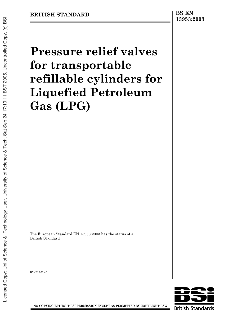[www.staffempire.com]-BS EN 13953-2003 Pressure relief valves for transportable refillable cylinders for Liquefied Petroleum Gas (LPG).pdf_第1页