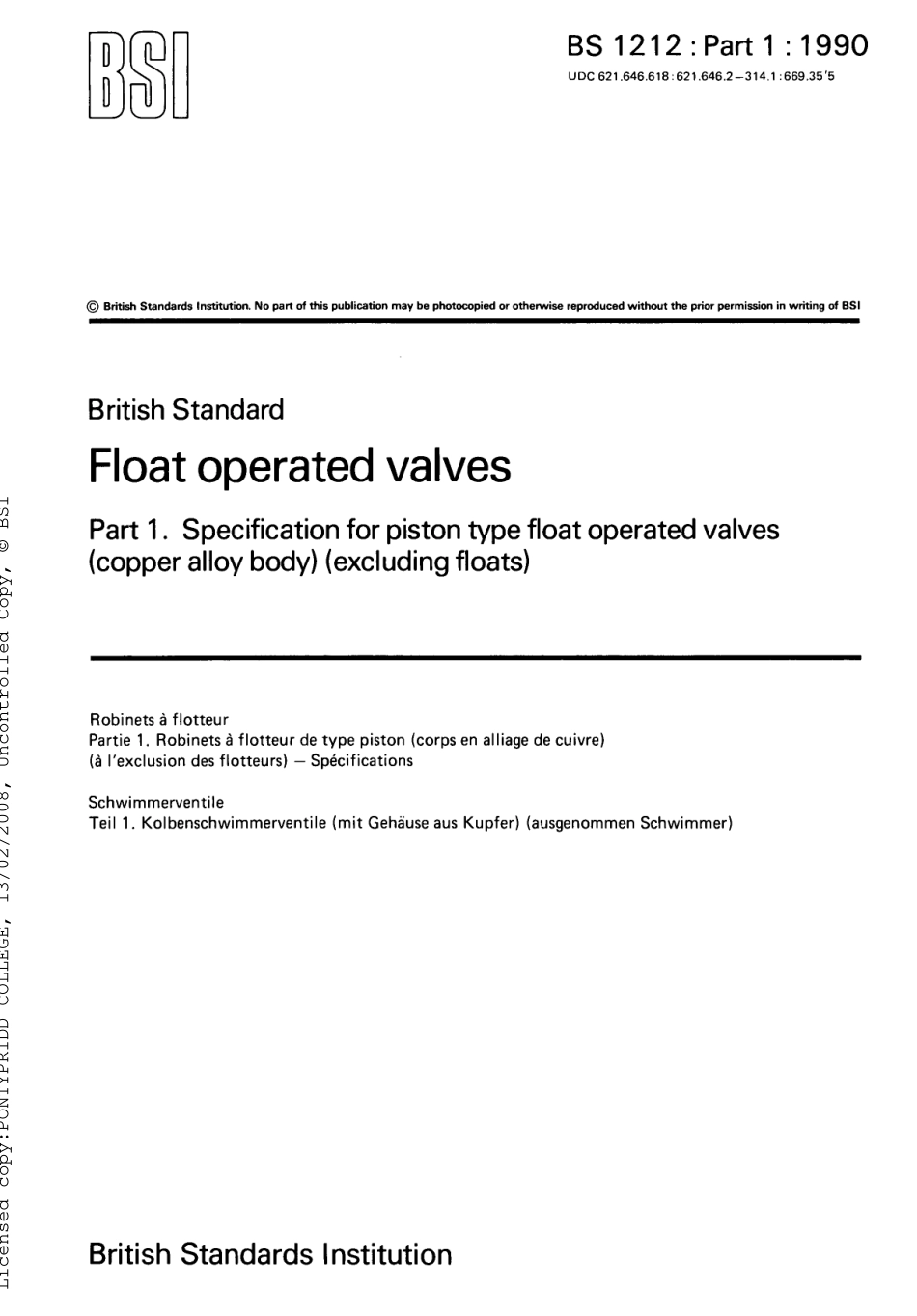 [www.staffempire.com]-BS 1212-1-1990 Float operated valves. Specification for piston type float operated valves.pdf_第1页