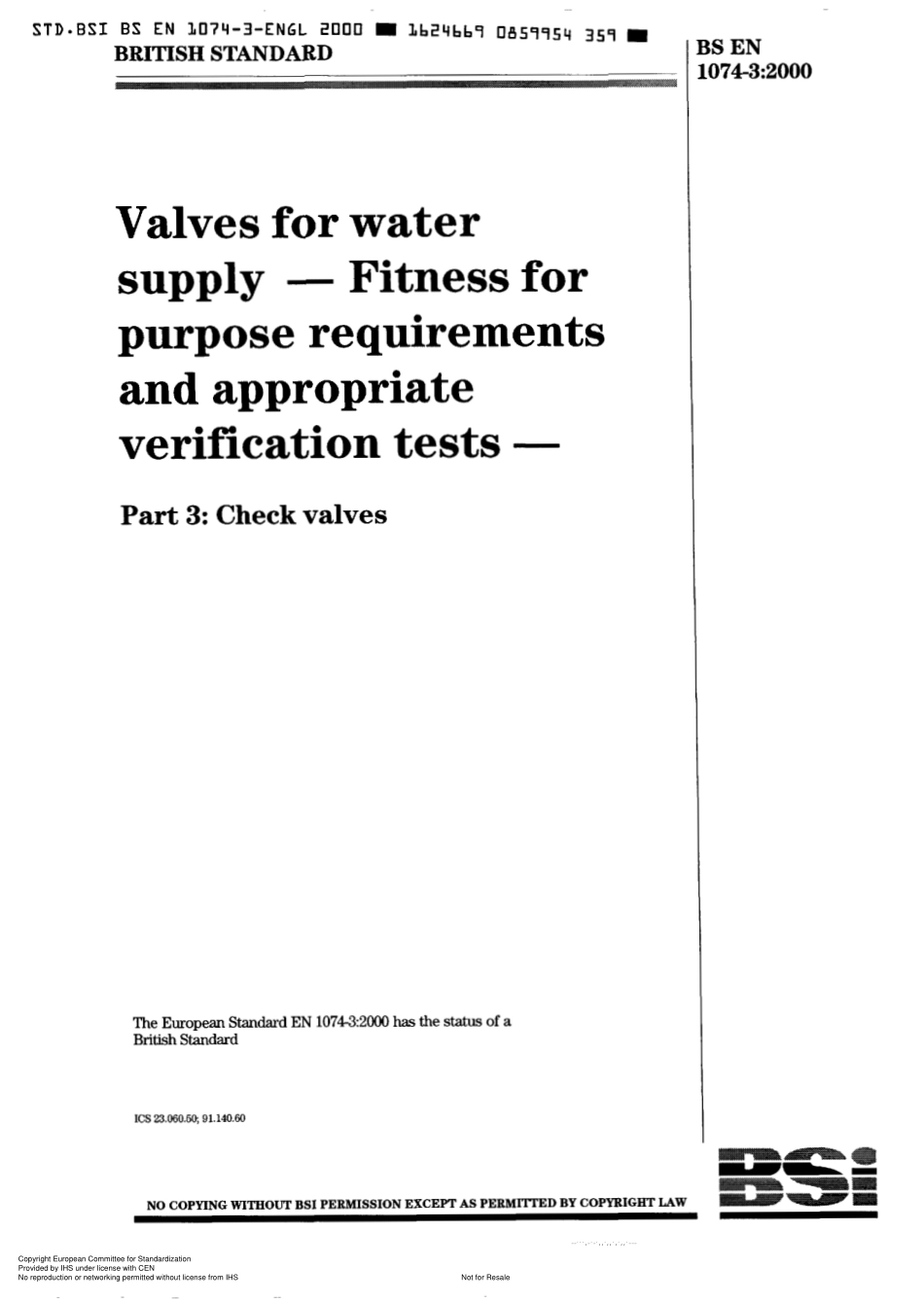 [www.staffempire.com]-BS EN 1074-3-2000 Valves for water supply - Fitness for purpose requirements and appropriate verification tests - Part 3 Check valves.pdf_第1页