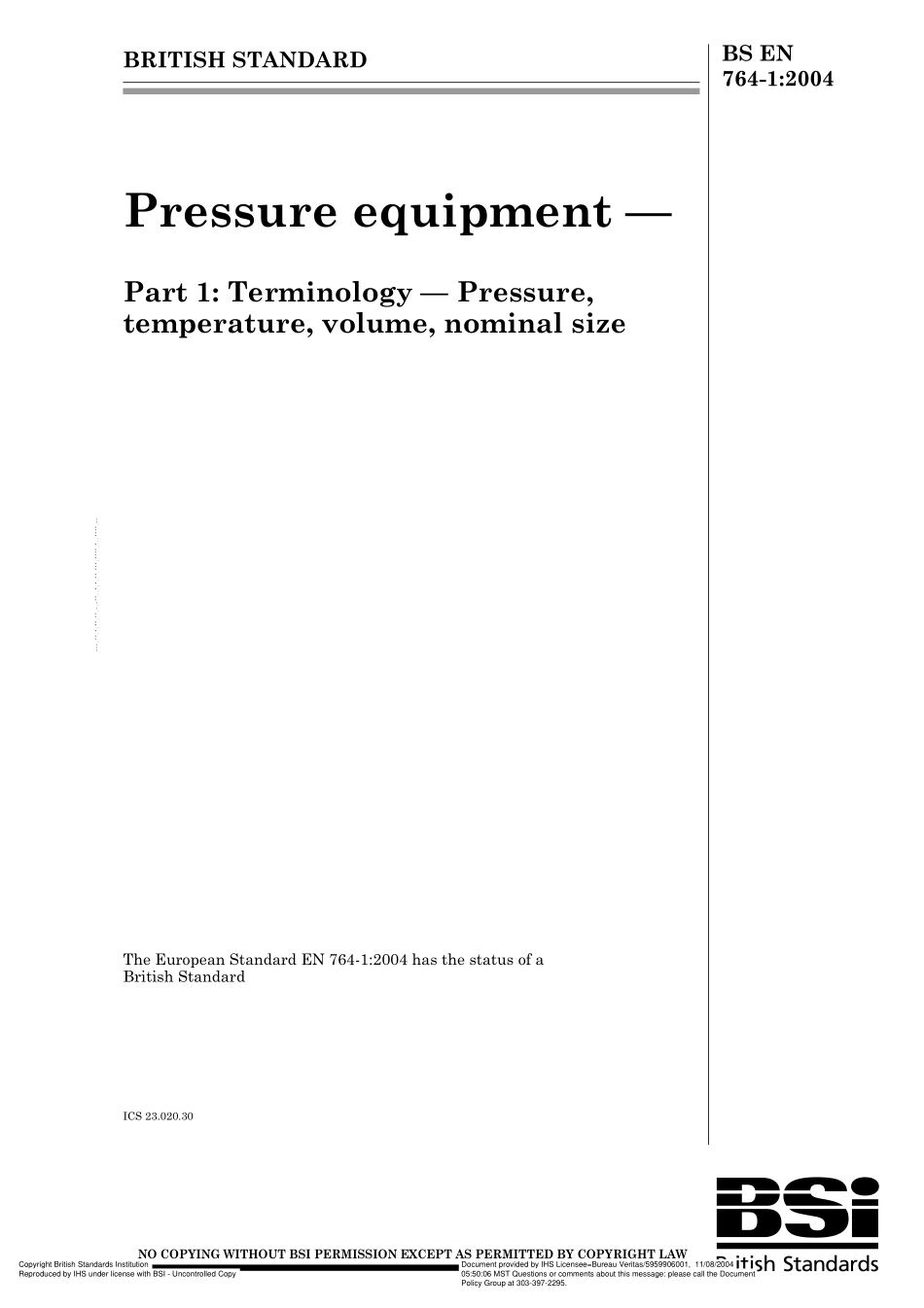 [www.staffempire.com]-BS EN 764-1-2004 Pressure equipment Part 1 Terminology — Pressure,temperature, volume.pdf_第1页