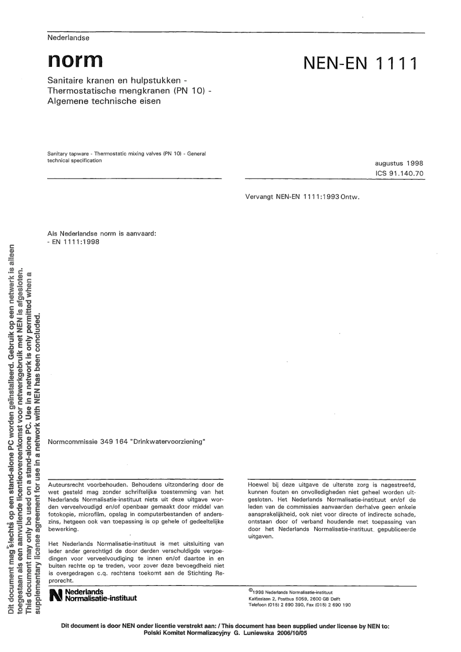 [www.staffempire.com]-EN 1111-1998 卫生设备管件.恒温混合阀(PN10).一般技术规范Sanitary tapware - Thermostatic mixing valves (PN 10) - General technical specification.pdf_第1页