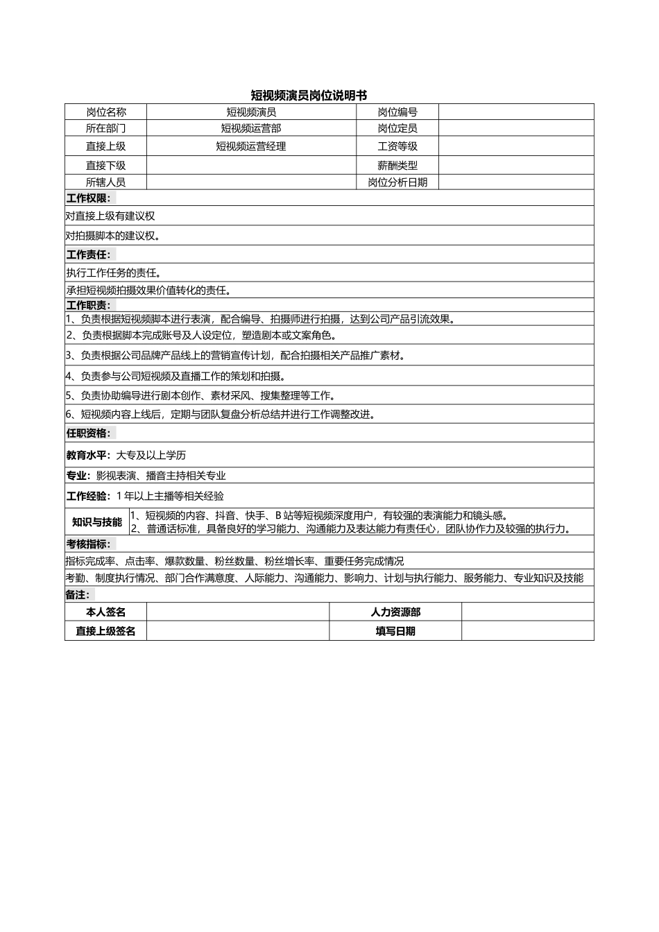 04-01短视频演员岗位说明书.docx_第1页