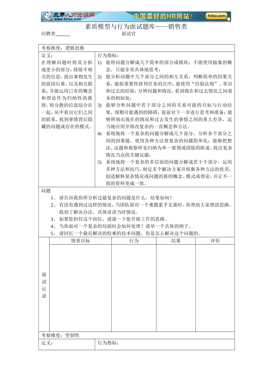 05.素质模型与行为面试题库(销售).doc_第1页