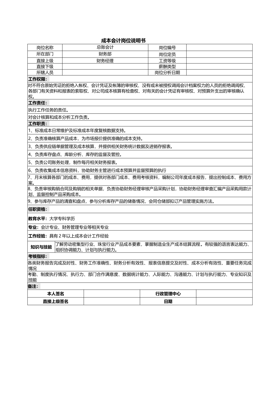 08-04-成本会计岗位说明书.docx_第1页