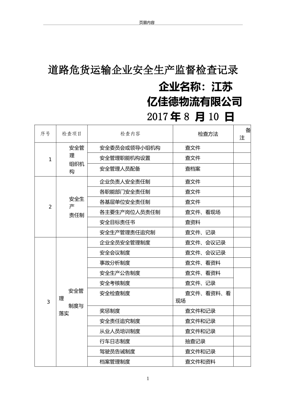 道路危货运输企业安全生产监督检查记录.doc_第1页