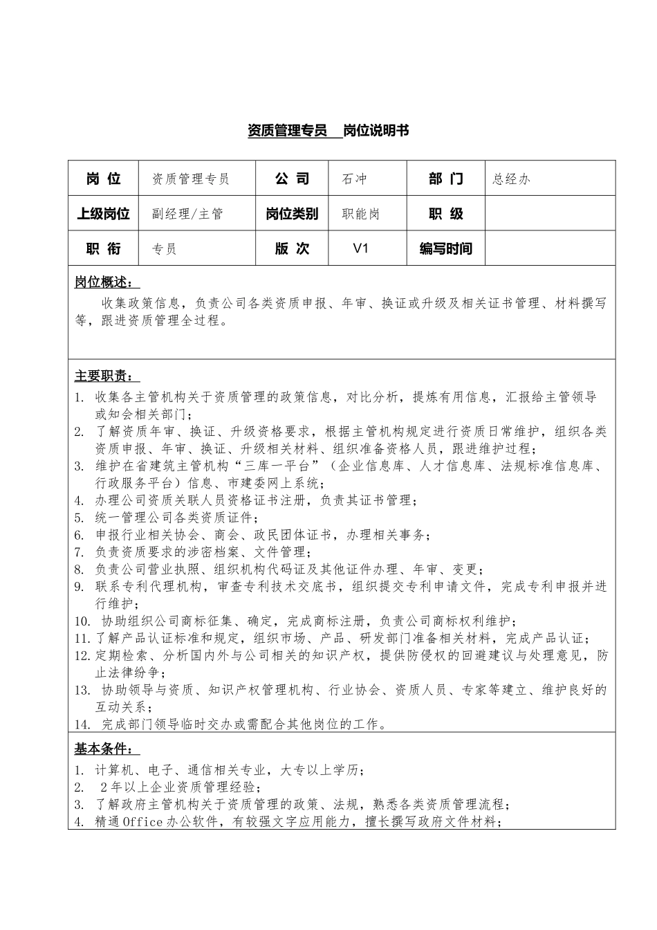 43-01资质管理专员岗位说明书.docx_第1页