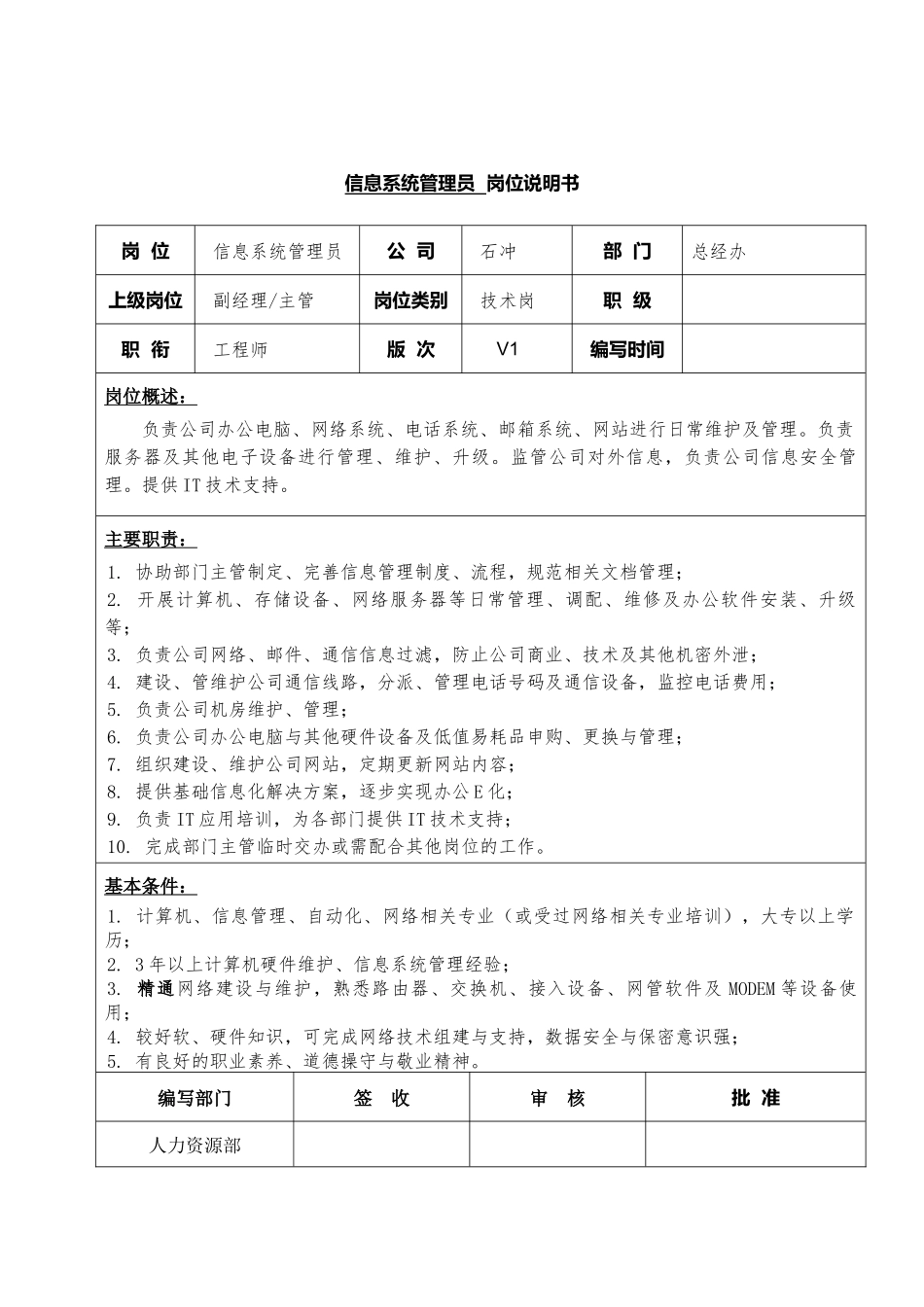 45-01信息系统管理员岗位说明书.docx_第1页
