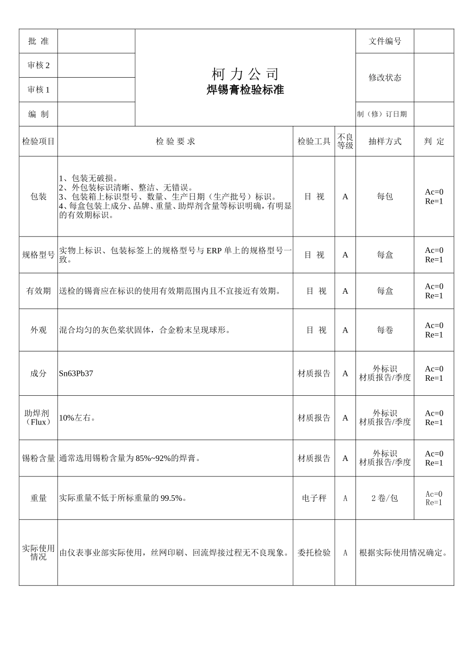 110630焊锡膏检验标准.doc_第1页