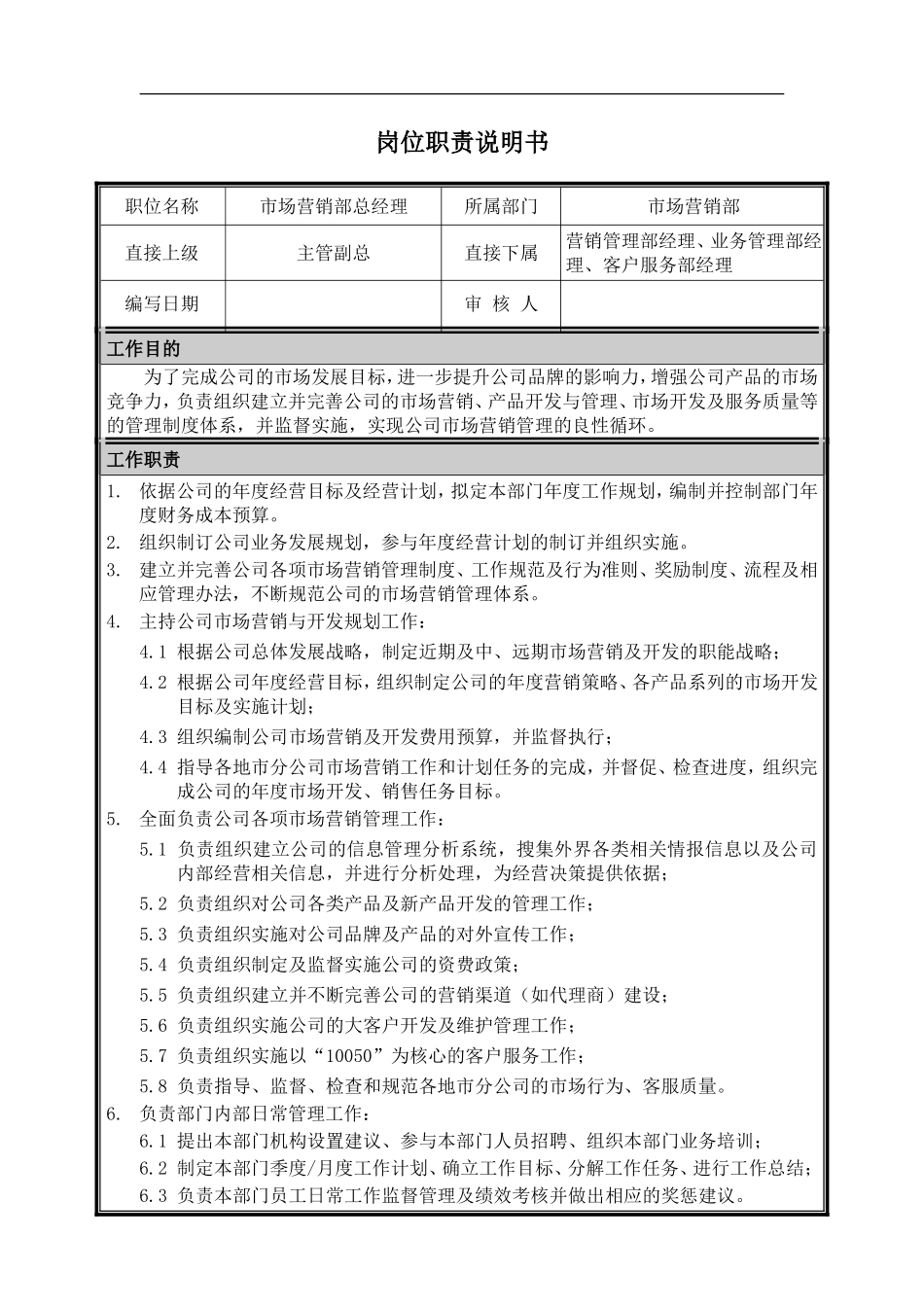 市场营销部总经理职位说明书.doc_第1页
