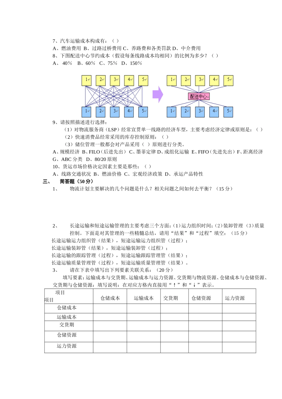 物流计划招聘测试题(题目） (2).doc_第2页
