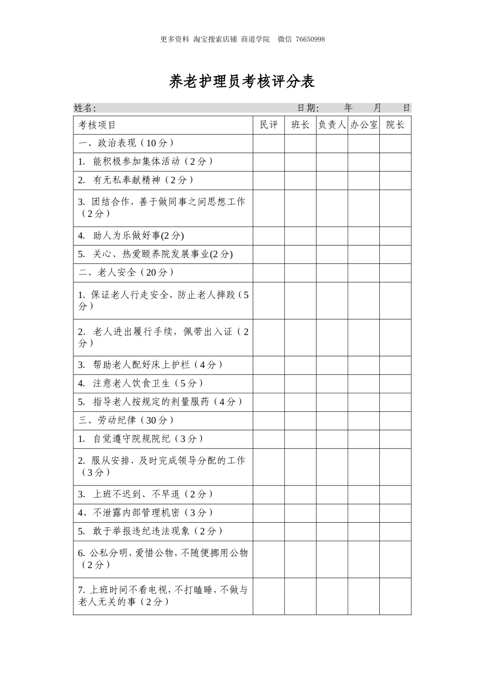 养老护理员考核评分表.doc_第1页