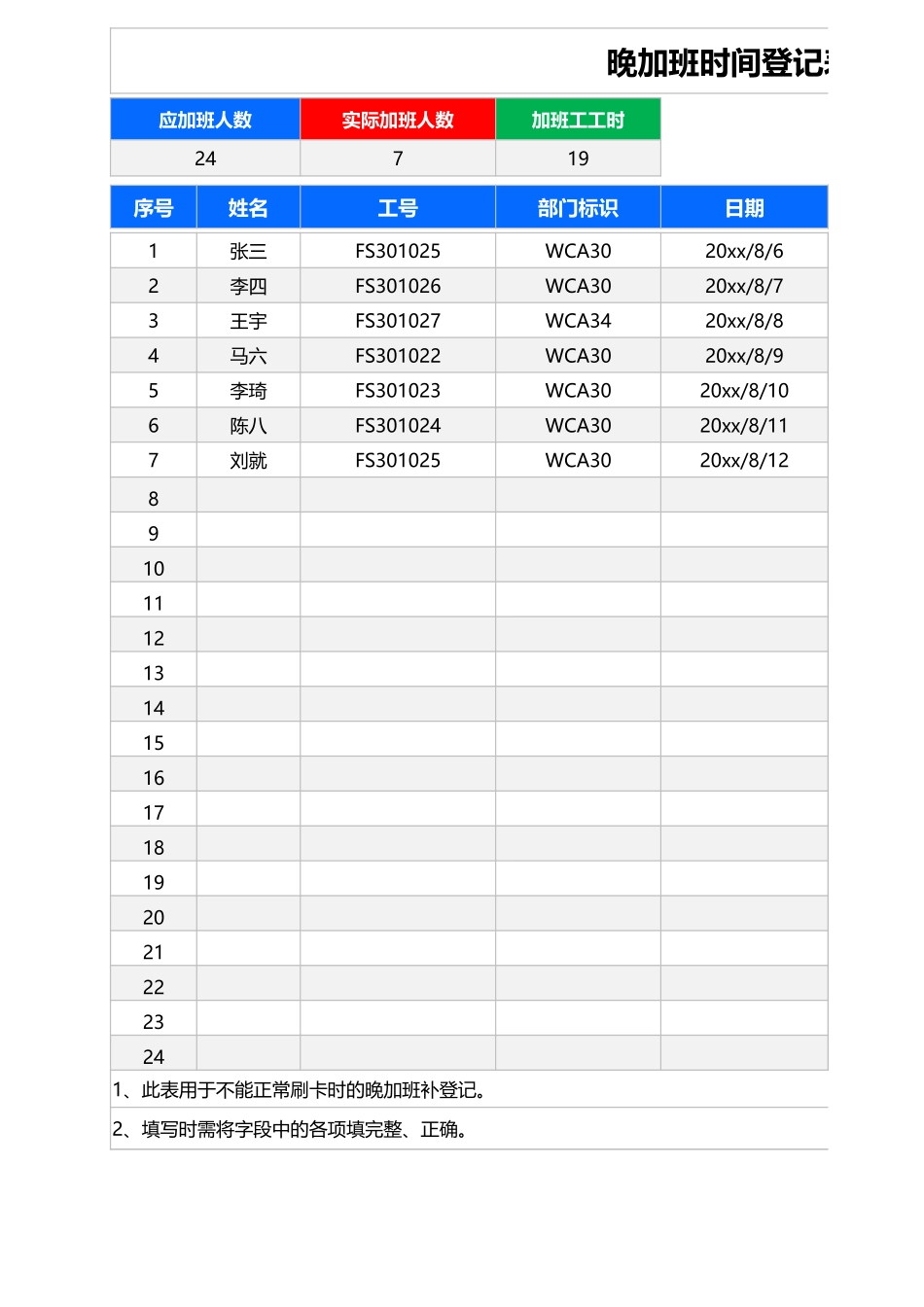 加班调休11晚加班时间登记表.xlsx_第1页