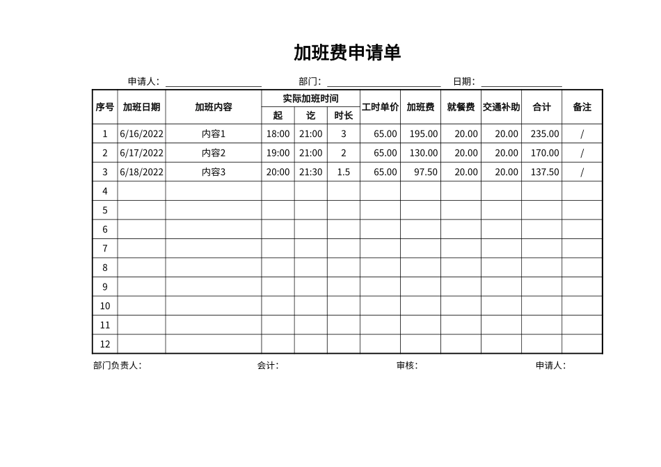 加班调休14加班费申请单.xlsx_第1页
