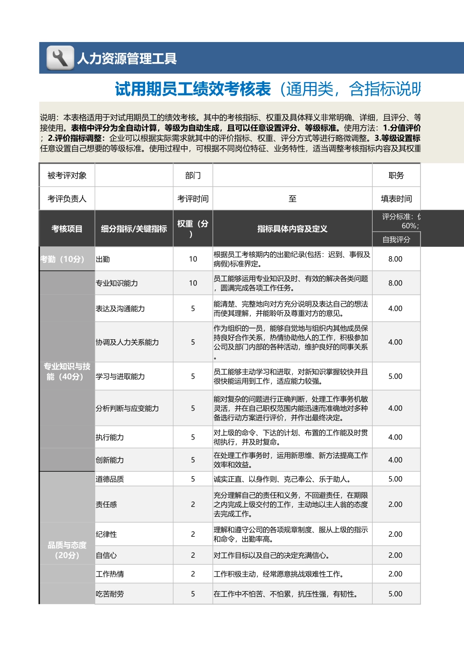 【绩效考核工具】试用期员工绩效考核表（含指标说明及全自动计算）.xlsx_第1页
